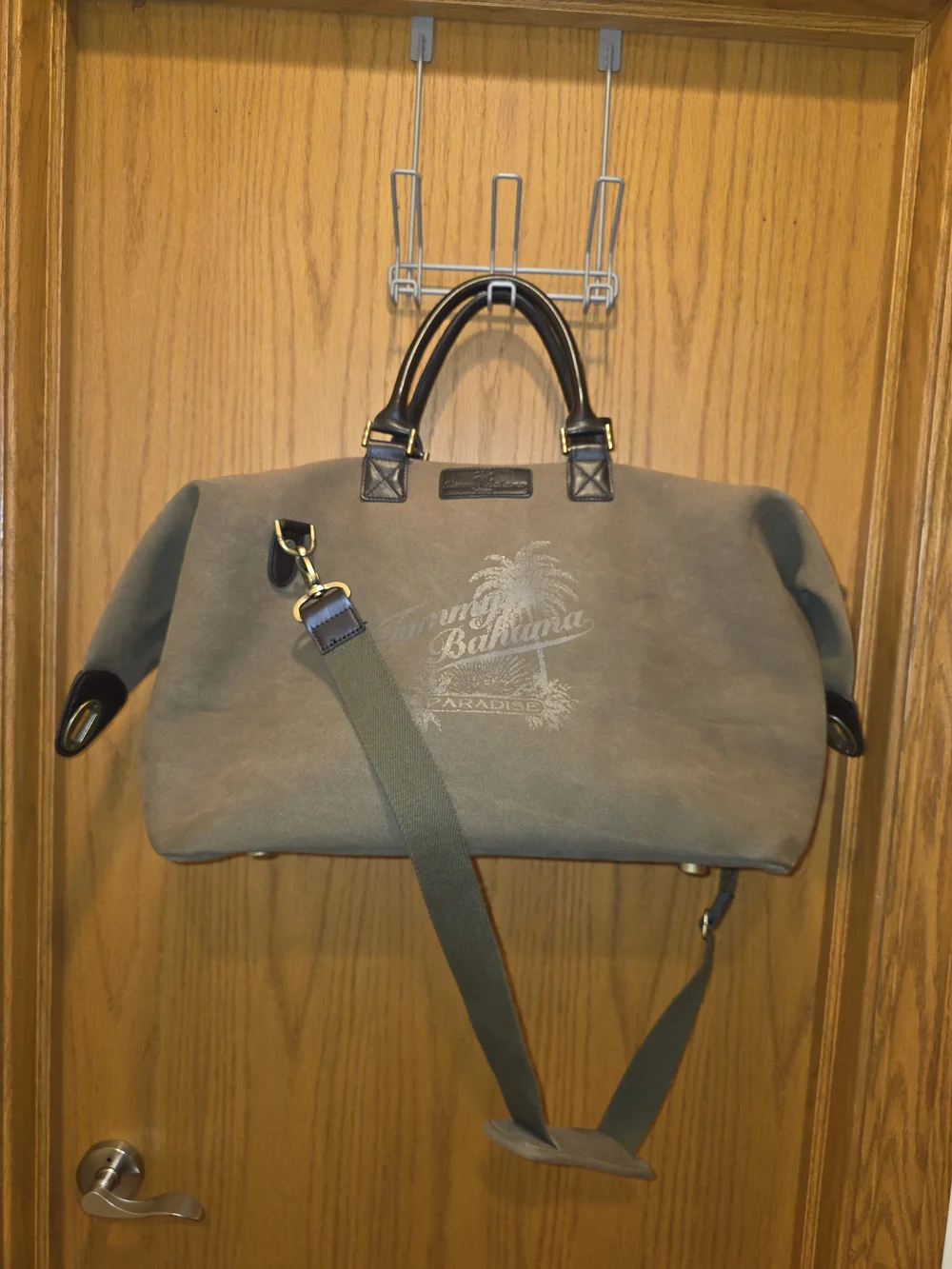 Tommy Bahama Olive Green Canvas Duffel with Dark Brown Leather Trim
